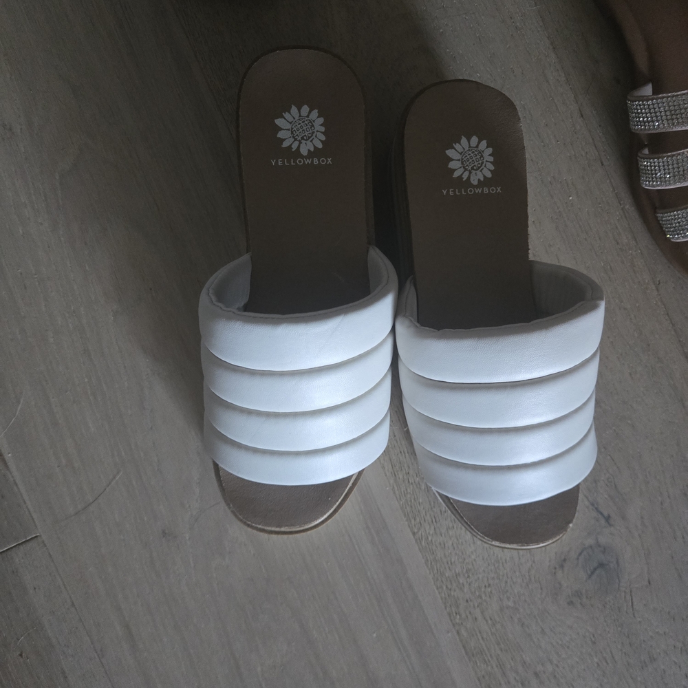 Yellow Box White Padded Triple-Band Slide Mules